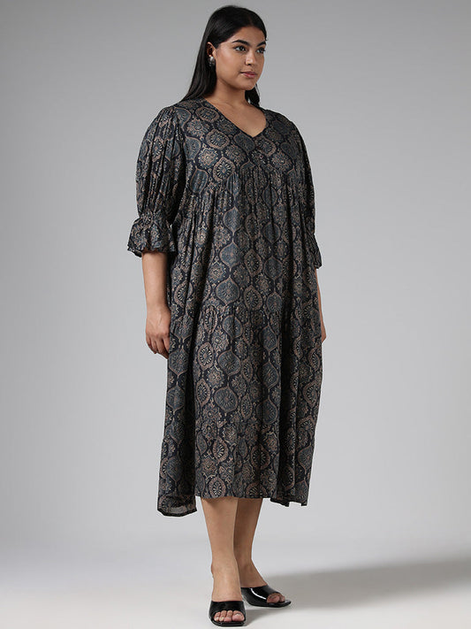 Diza Indigo Motif Printed Tiered Dress