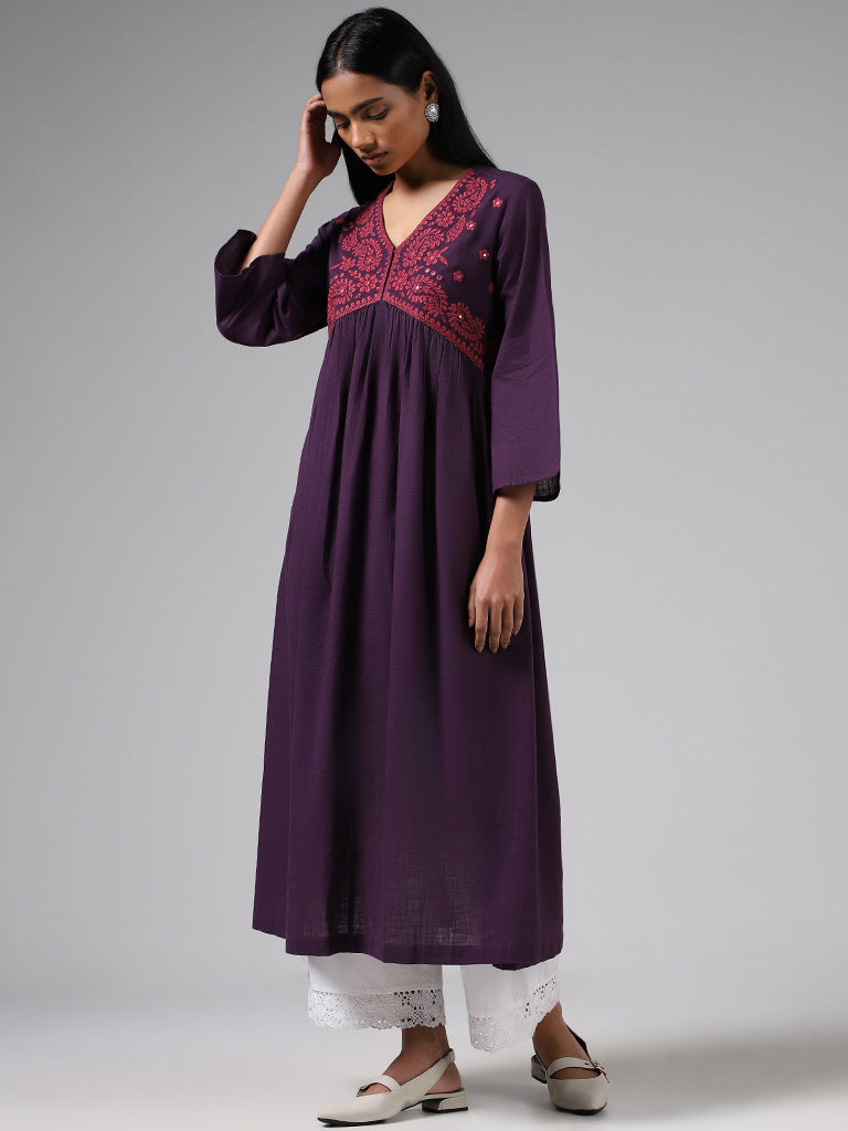 Utsa Purple Floral Embroidered Cotton Kurta