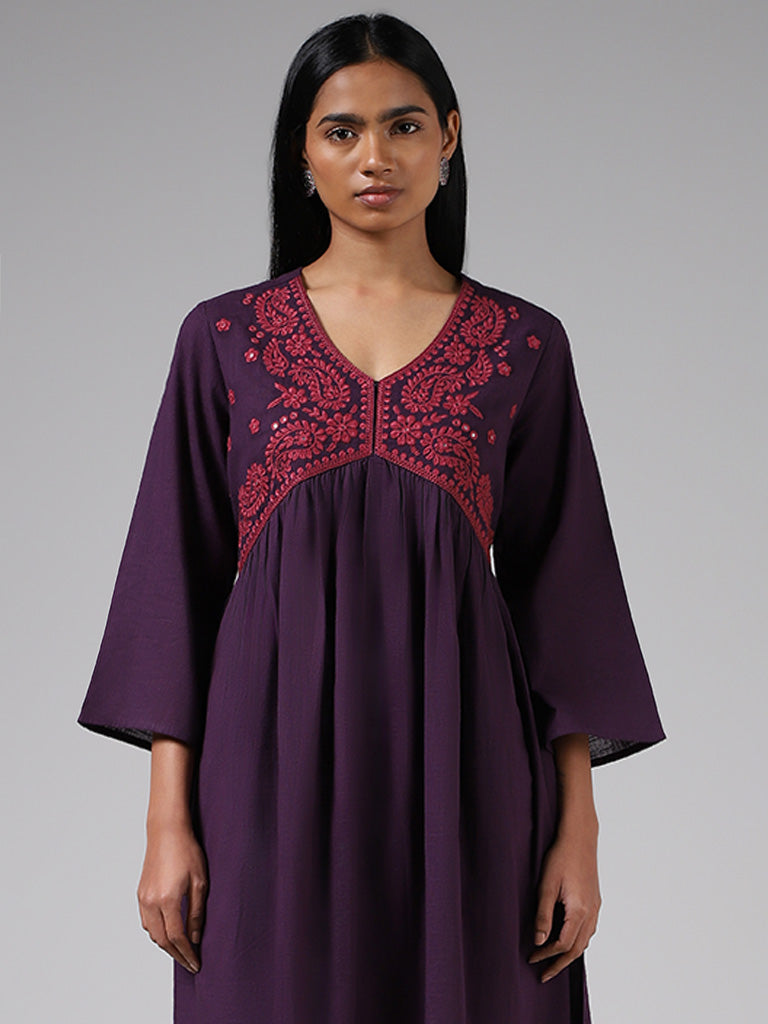 Utsa Purple Floral Embroidered Cotton Kurta