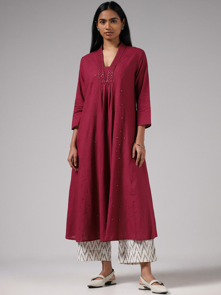 Utsa Magenta Mirror Embroidered Cotton Kurta