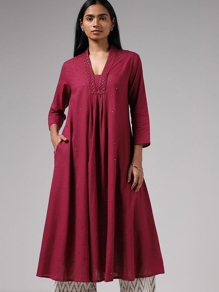 Utsa Magenta Mirror Embroidered Cotton Kurta