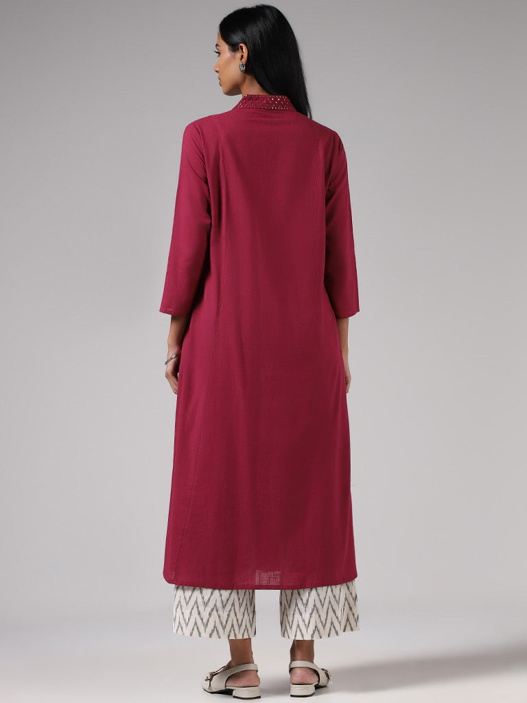 Utsa Magenta Mirror Embroidered Cotton Kurta