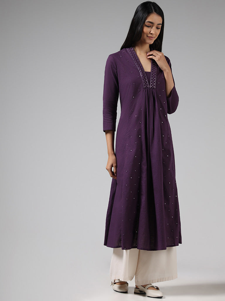 Utsa Dark Purple Mirror Embroidered Cotton Gathered Kurta