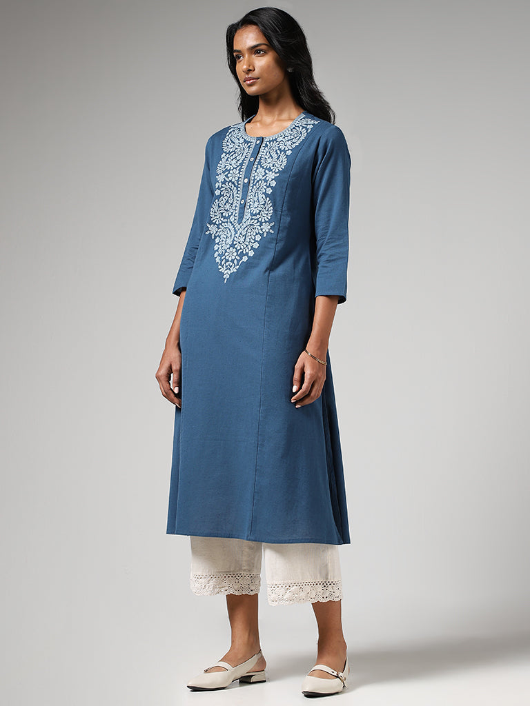 Utsa Indigo Paisley Floral Embroidered Cotton A-Line Kurta