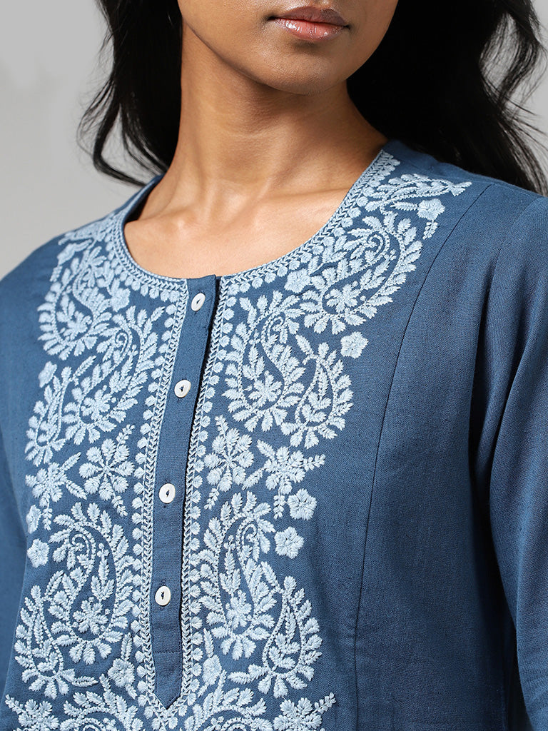 Utsa Indigo Paisley Floral Embroidered Cotton A-Line Kurta