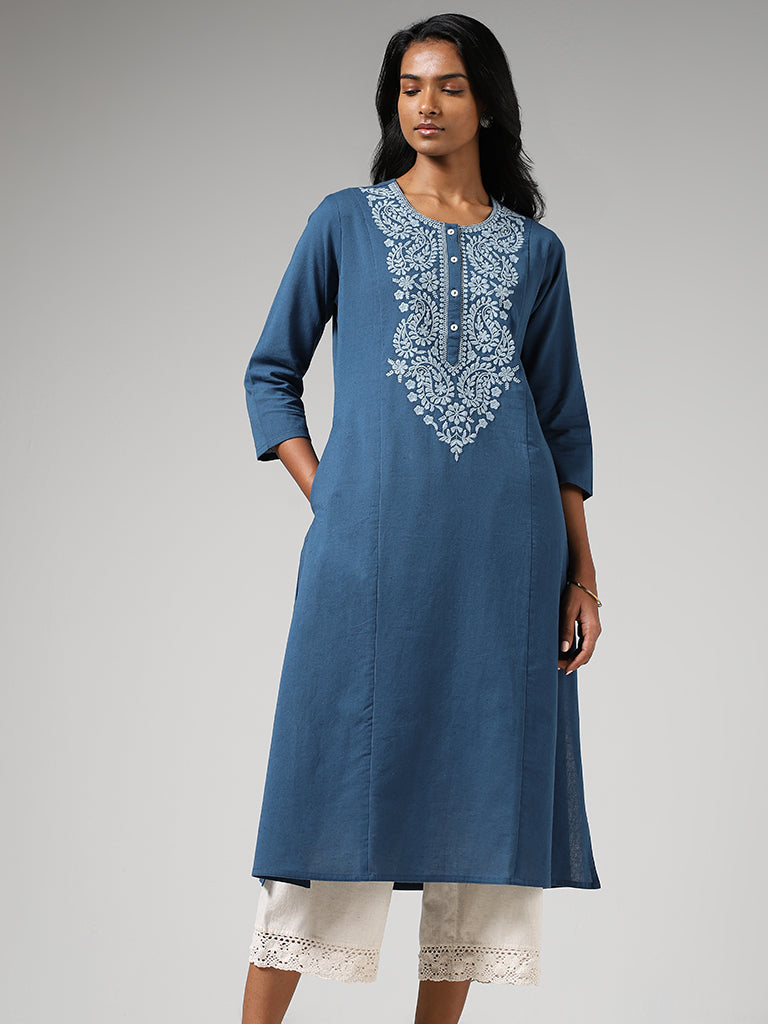 Utsa Indigo Paisley Floral Embroidered Cotton A-Line Kurta