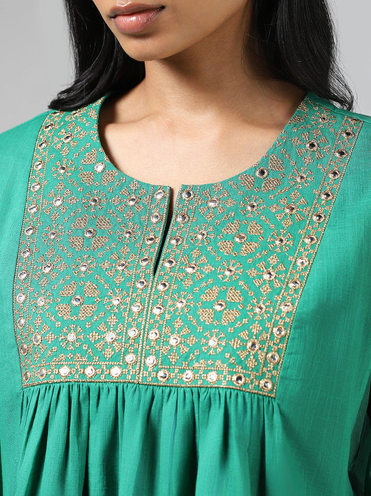 Utsa Aqua Green Mirror Embroidered Cotton Gathered Kurti