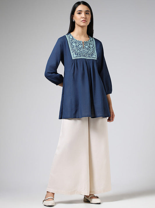 Utsa Indigo Mirror Embroidered Cotton Gathered Kurti