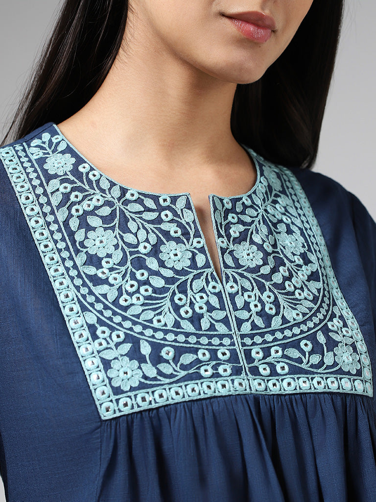 Utsa Indigo Mirror Embroidered Cotton Gathered Kurti