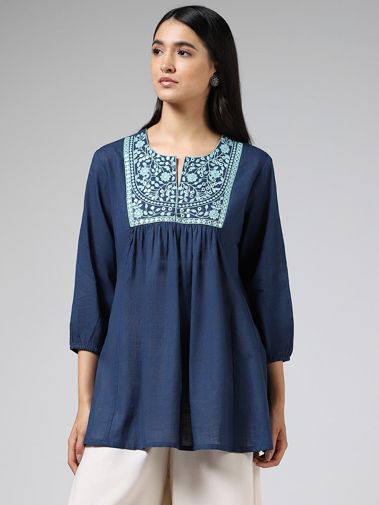 Utsa Indigo Mirror Embroidered Cotton Gathered Kurti