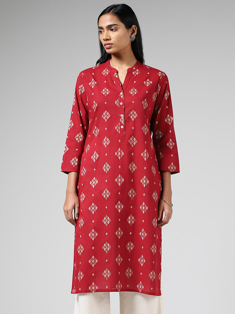 Utsa Red Geometric Printed Straight Kurta