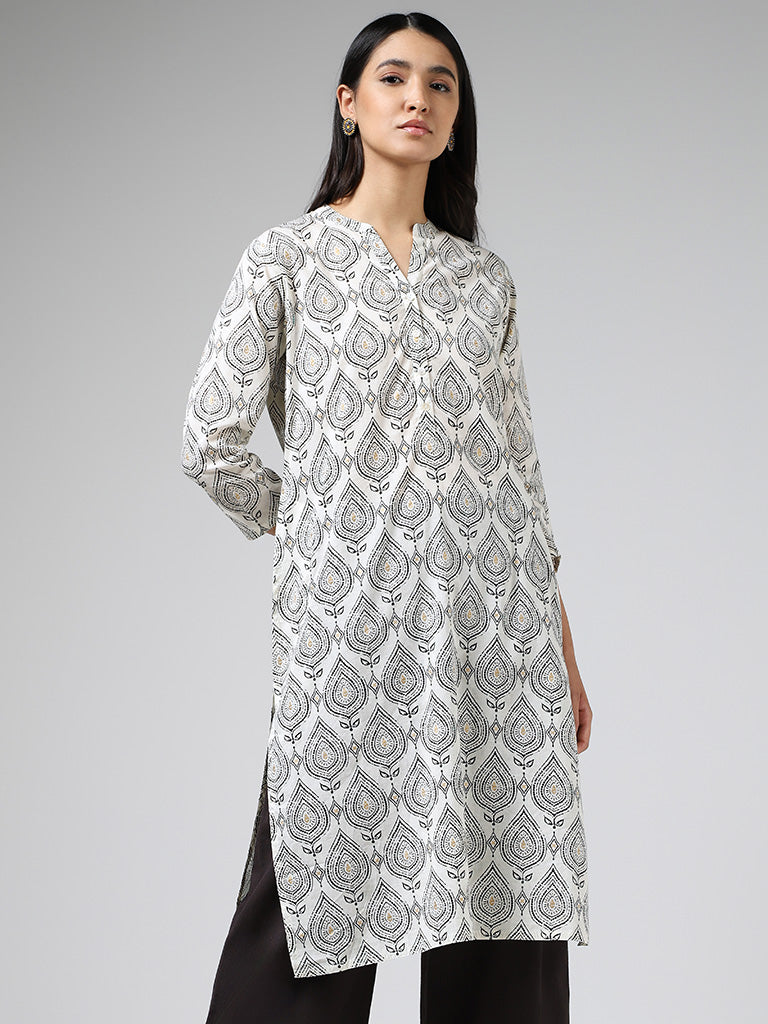 Utsa White Big Leaf Printed Straight Kurta