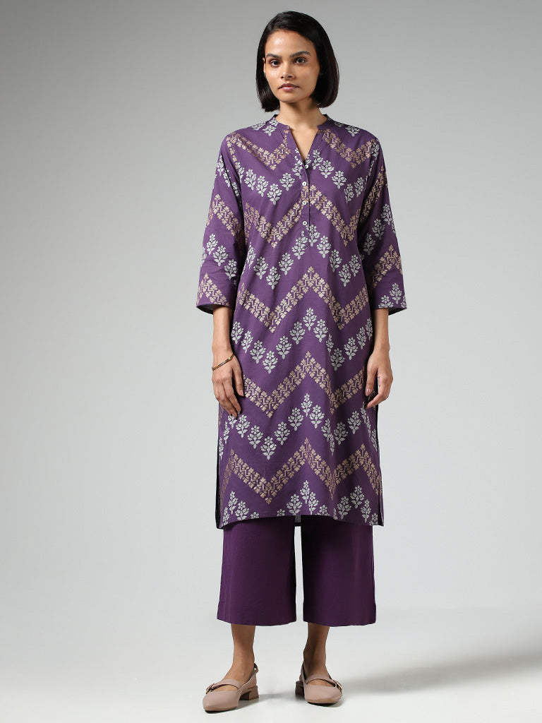 Utsa Dark Purple Jamdani Chevron Printed A-Line Kurta