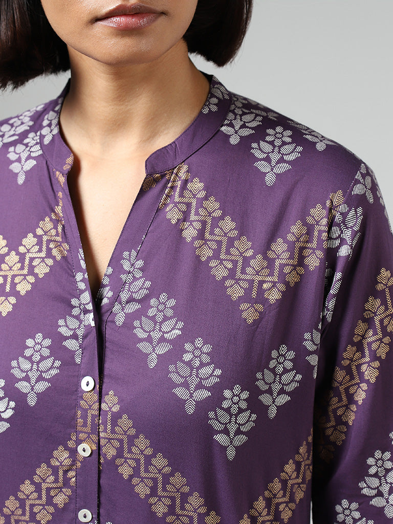 Utsa Dark Purple Jamdani Chevron Printed A-Line Kurta