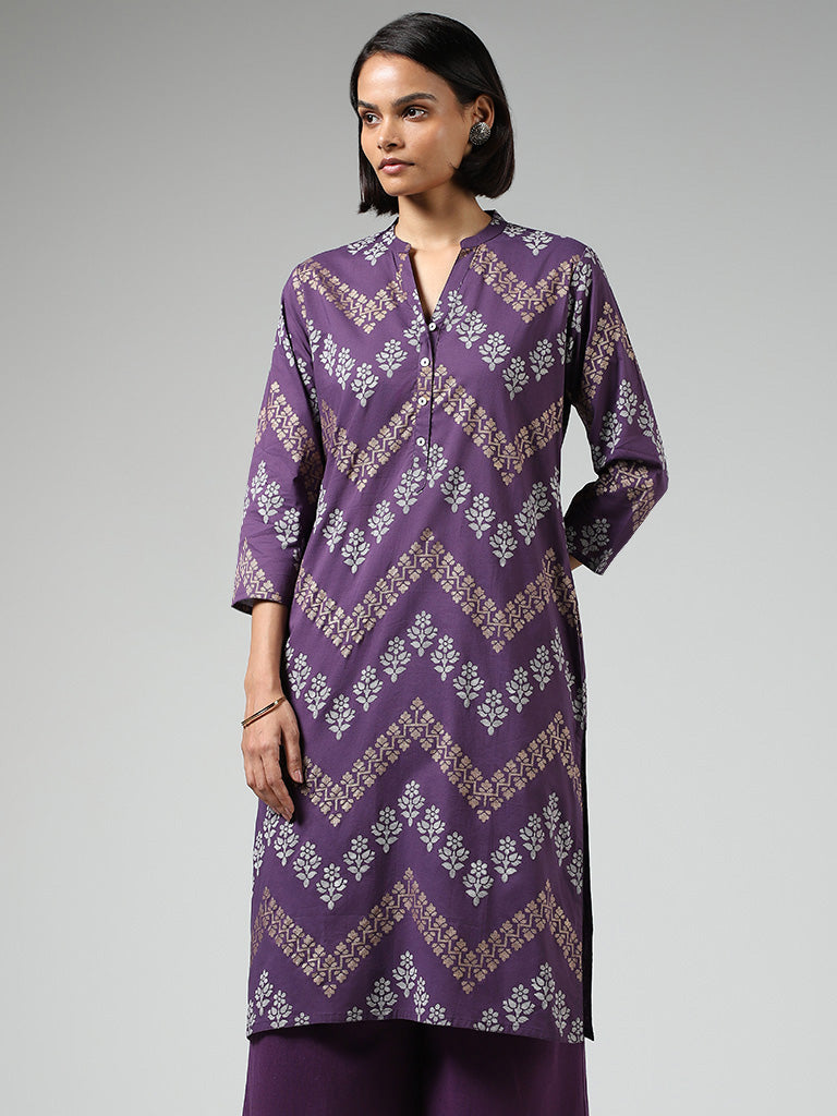 Utsa Dark Purple Jamdani Chevron Printed A-Line Kurta