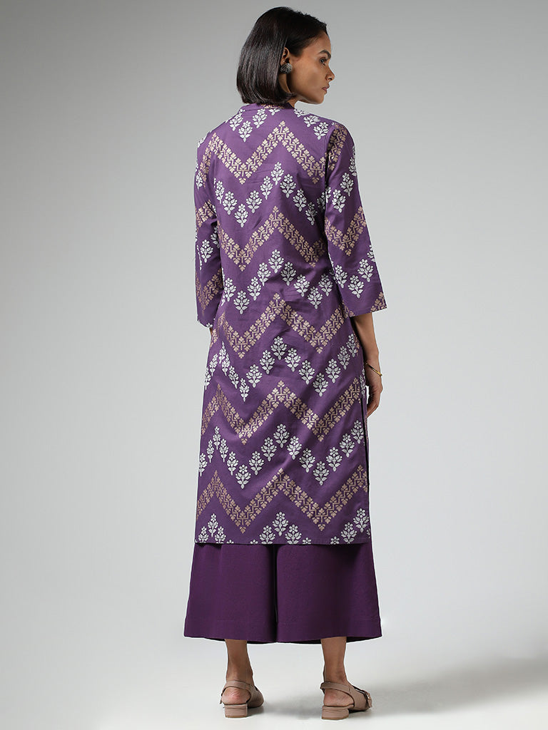 Utsa Dark Purple Jamdani Chevron Printed A-Line Kurta