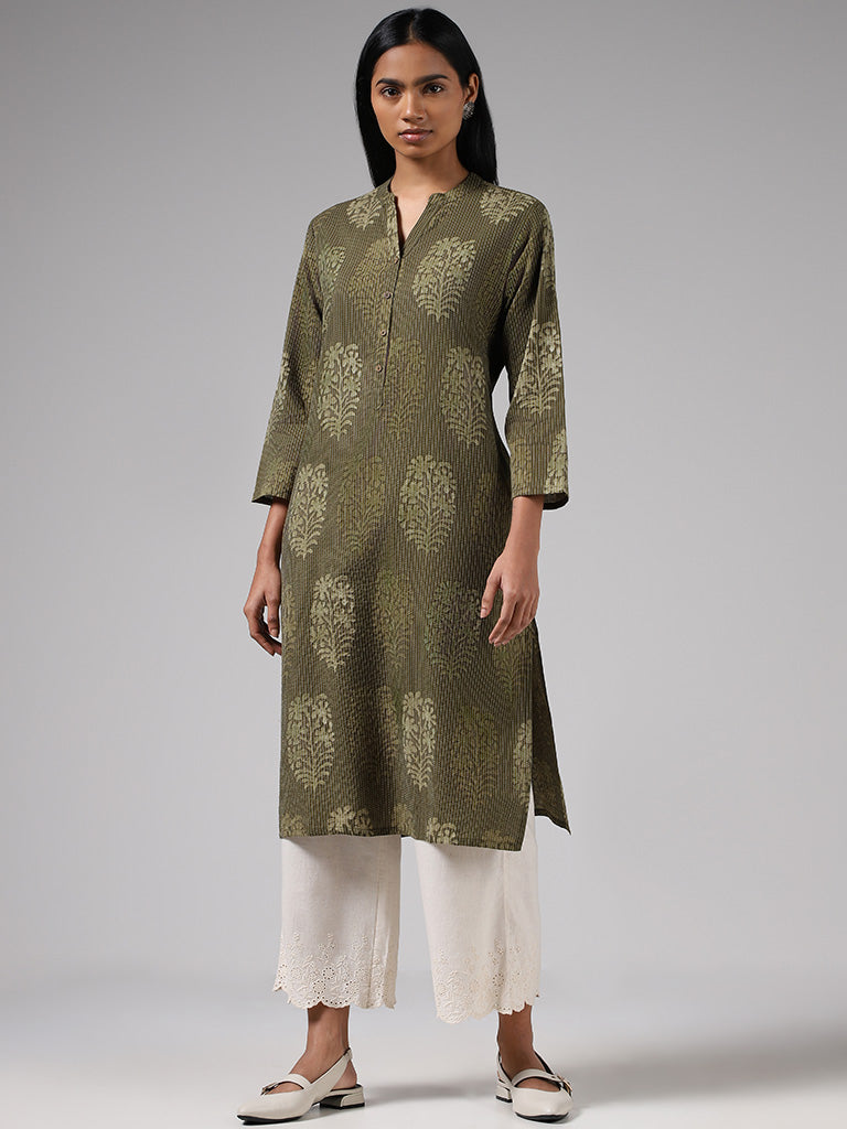 Utsa Dark Olive Leaf Printed and Kantha Embroidered Cotton Blend Straight Kurta