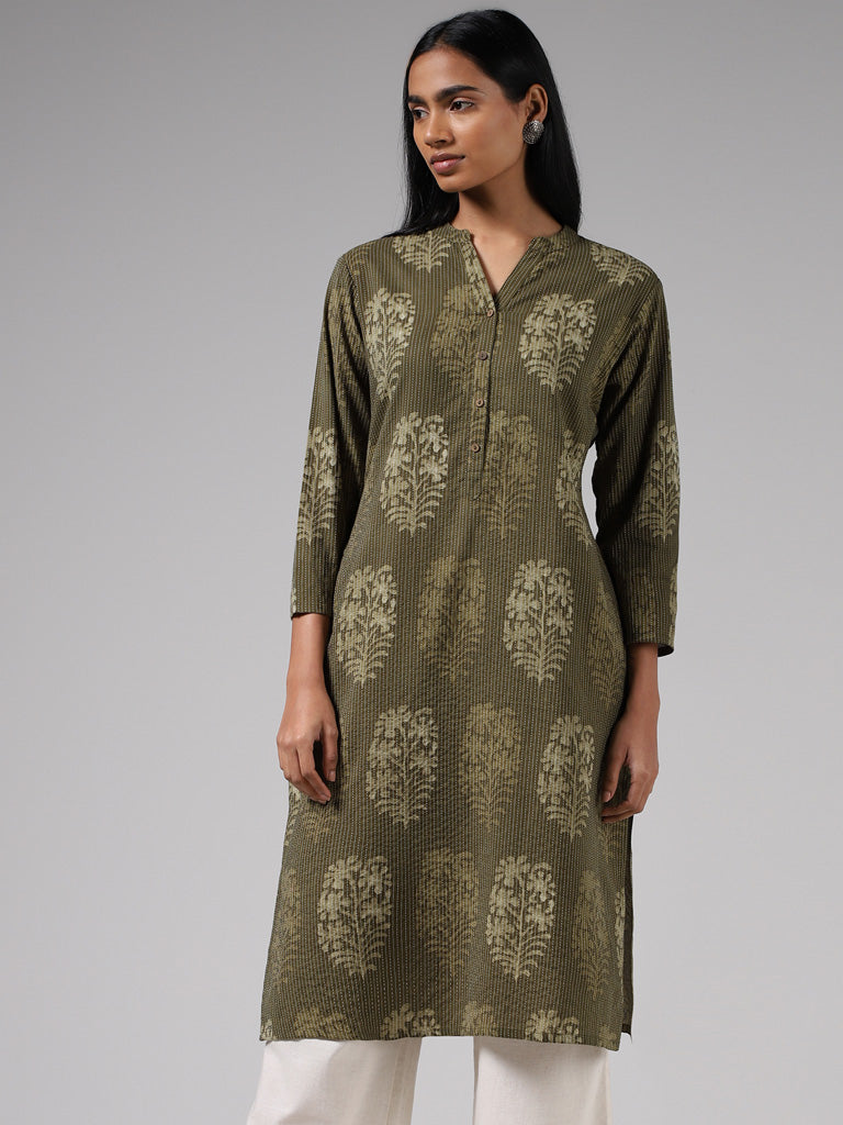 Utsa Dark Olive Leaf Printed and Kantha Embroidered Cotton Blend Straight Kurta