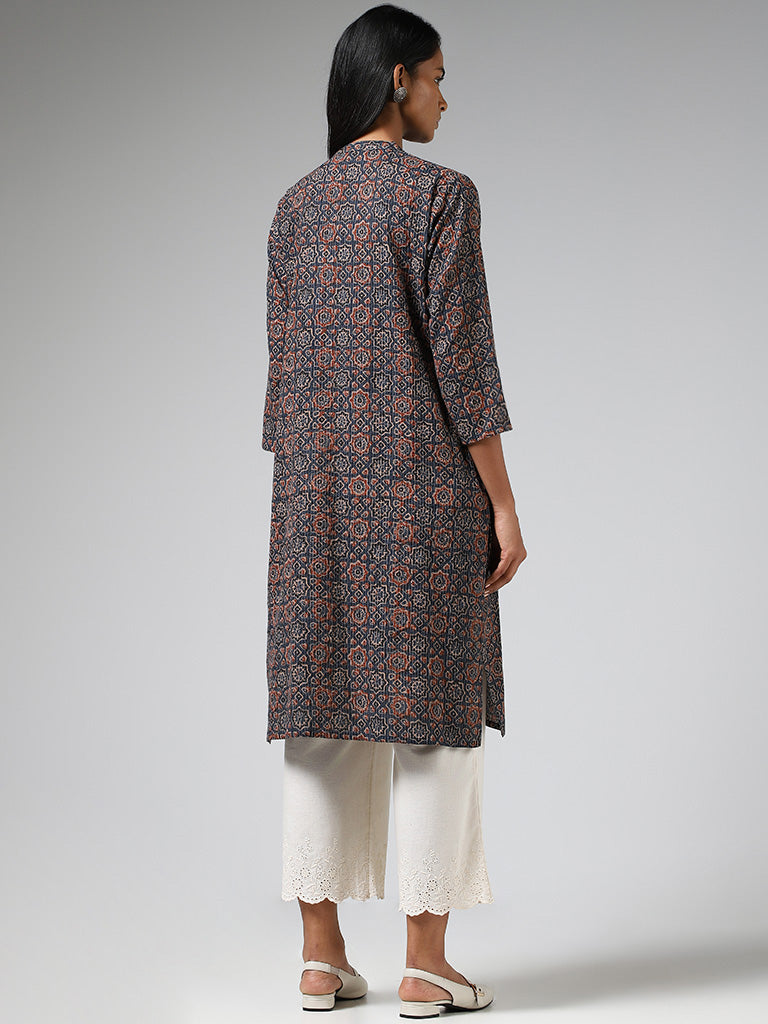 Utsa Indigo Geometric Printed & Kantha Embroidered Straight Kurta