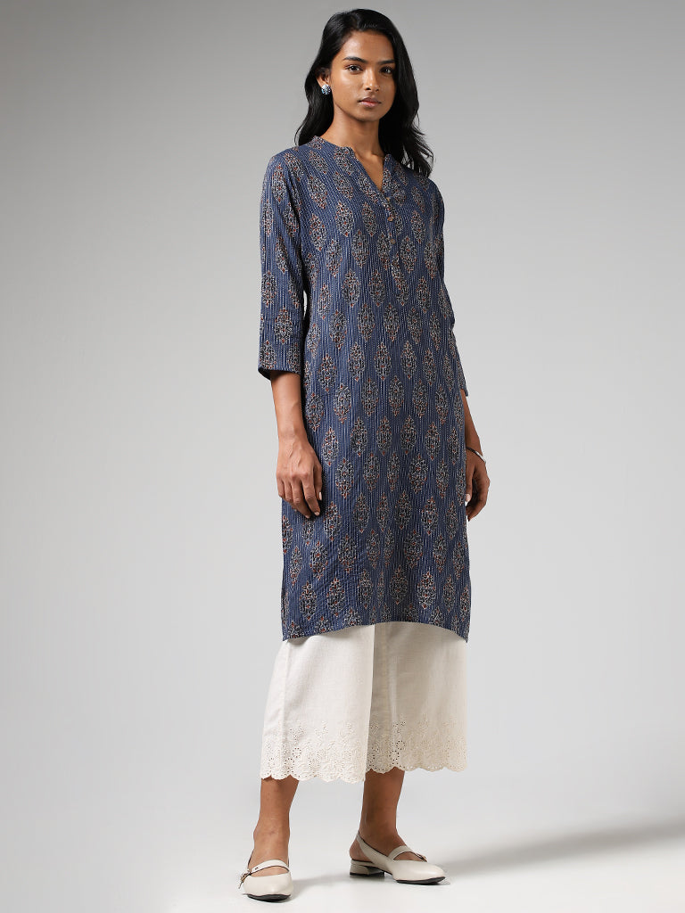 Utsa Indigo Buta Printed & Kantha Embroidered Straight Kurta