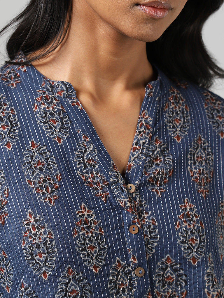 Utsa Indigo Buta Printed & Kantha Embroidered Straight Kurta