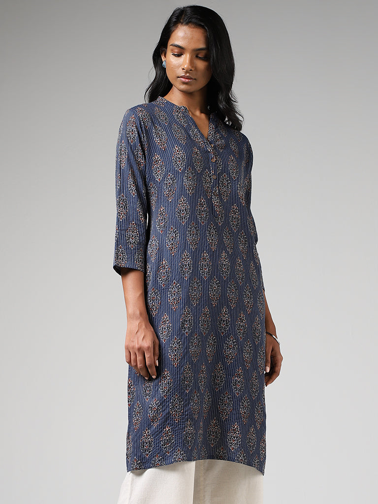 Utsa Indigo Buta Printed & Kantha Embroidered Straight Kurta