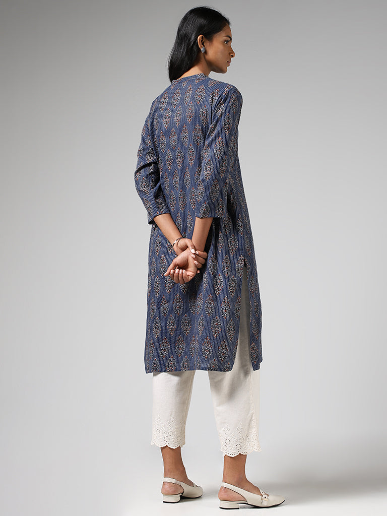 Utsa Indigo Buta Printed & Kantha Embroidered Straight Kurta