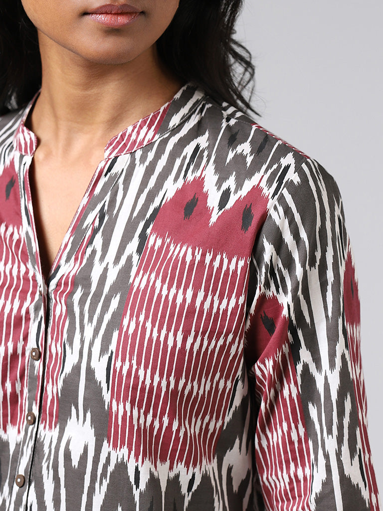 Utsa Maroon and Grey Ikat Printed Cotton Straight Kurta