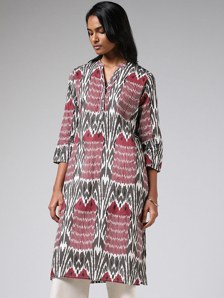 Utsa Maroon and Grey Ikat Printed Cotton Straight Kurta