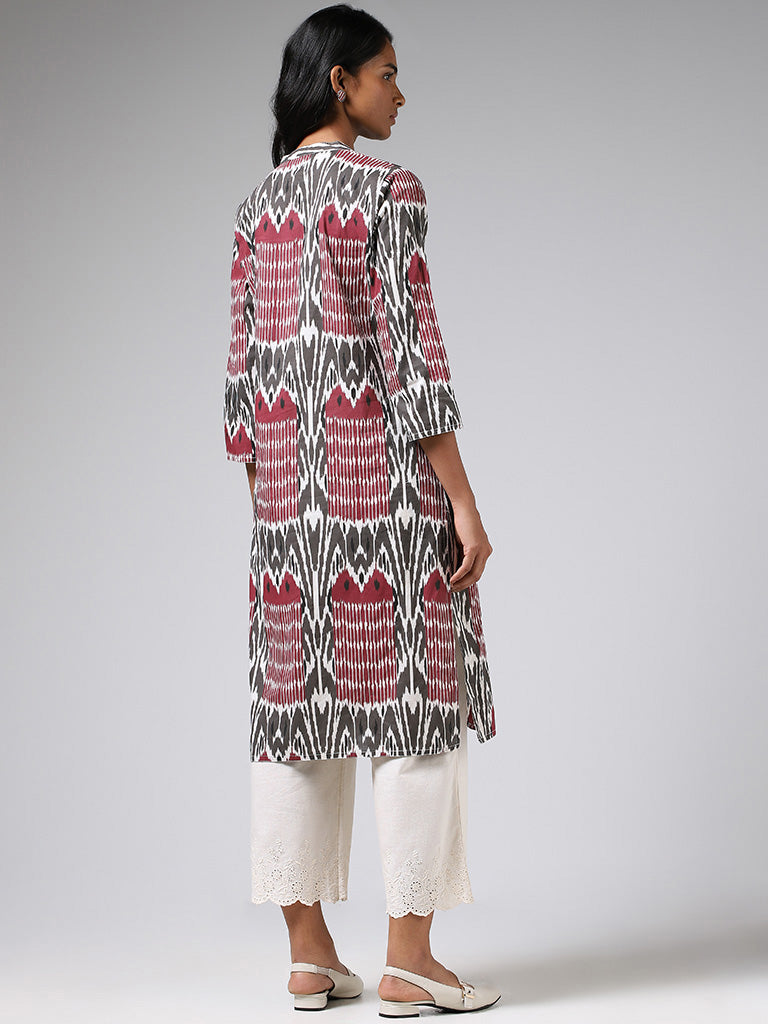 Utsa Maroon and Grey Ikat Printed Cotton Straight Kurta