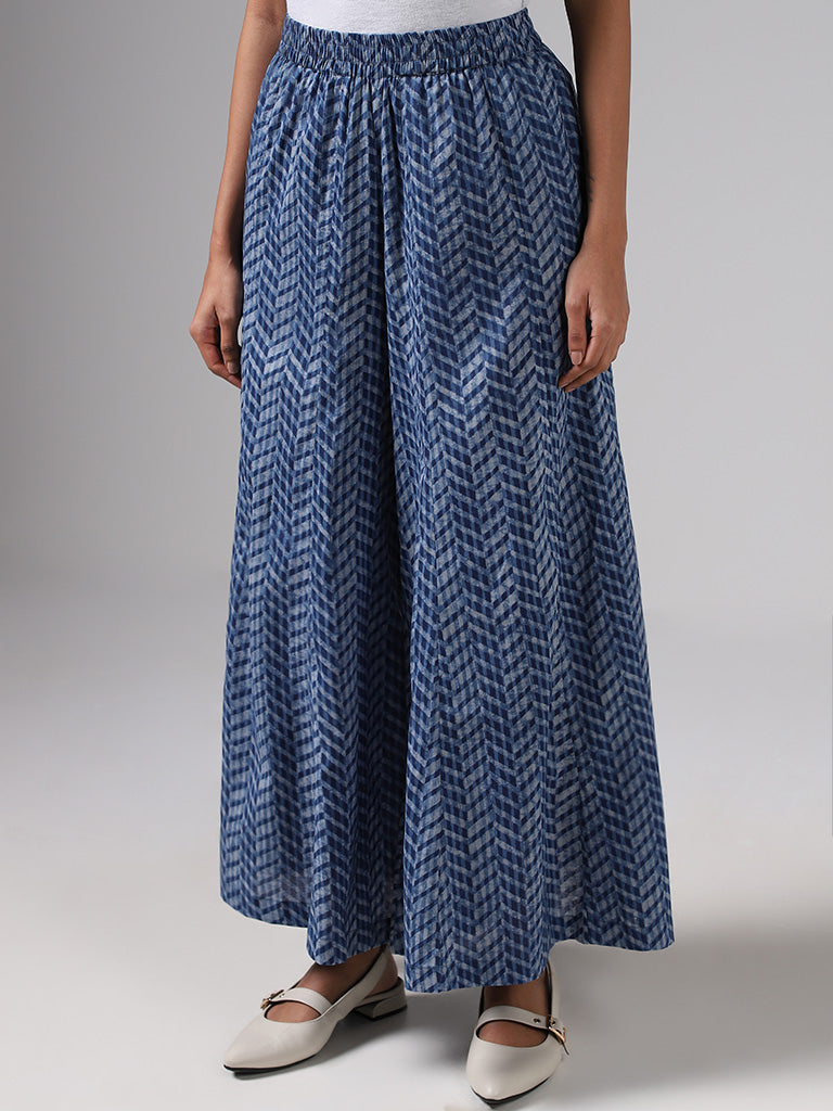 Utsa Indigo Printed Cotton Mid Rise Palazzos