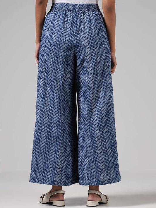 Utsa Indigo Printed Cotton Mid Rise Palazzos