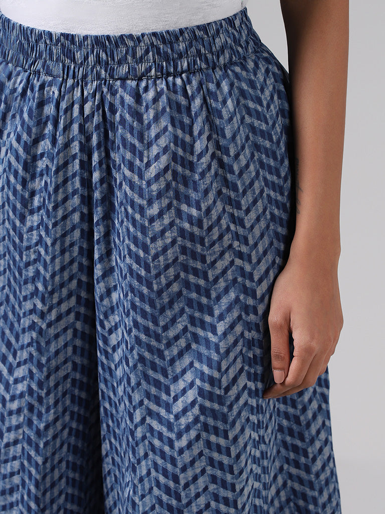 Utsa Indigo Printed Cotton Mid Rise Palazzos