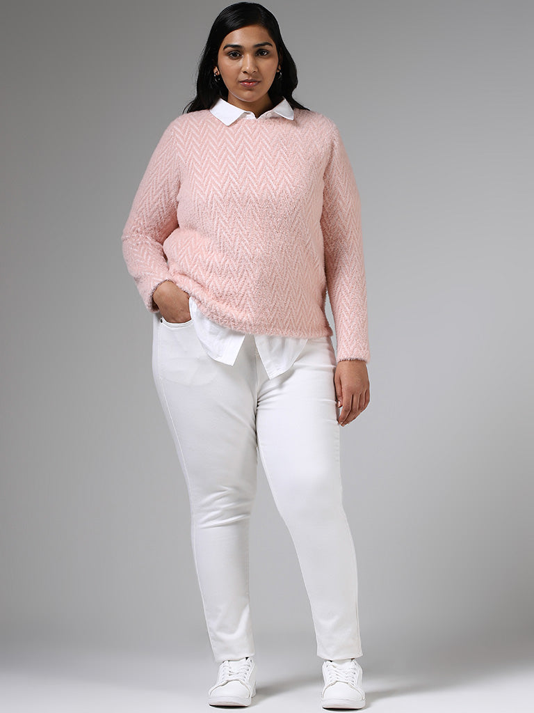 Gia Pastel Pink Chevron Knitted Fur Sweater