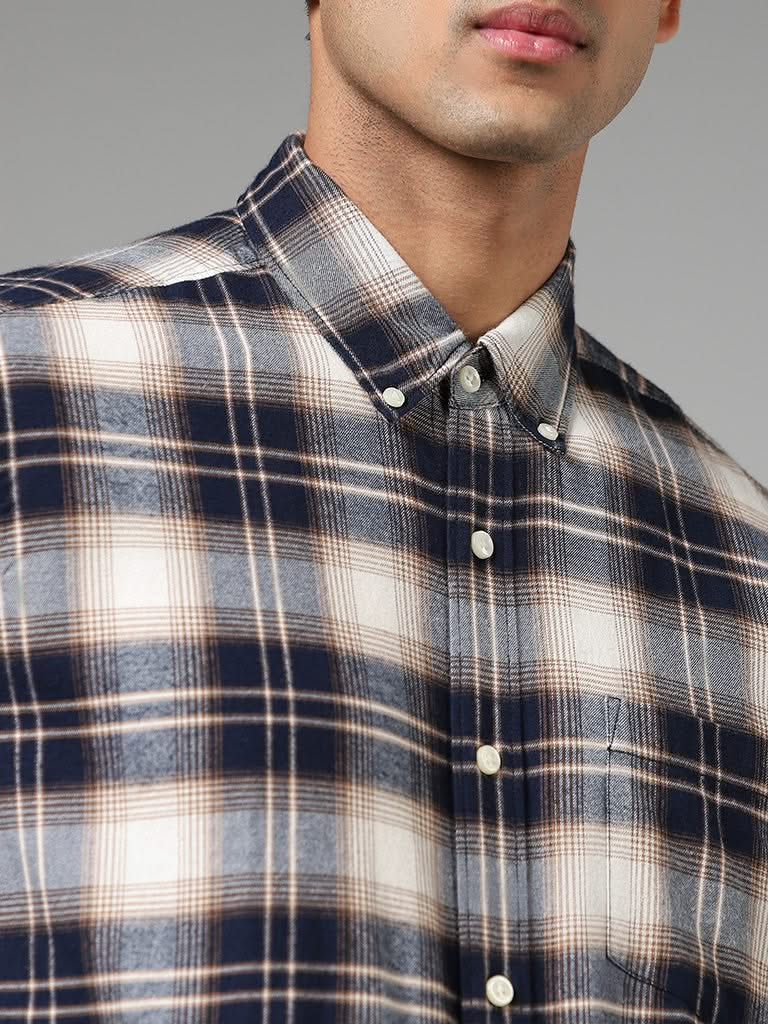 WES Casuals Navy Plaid Checked Cotton Relaxed-Fit Shirt