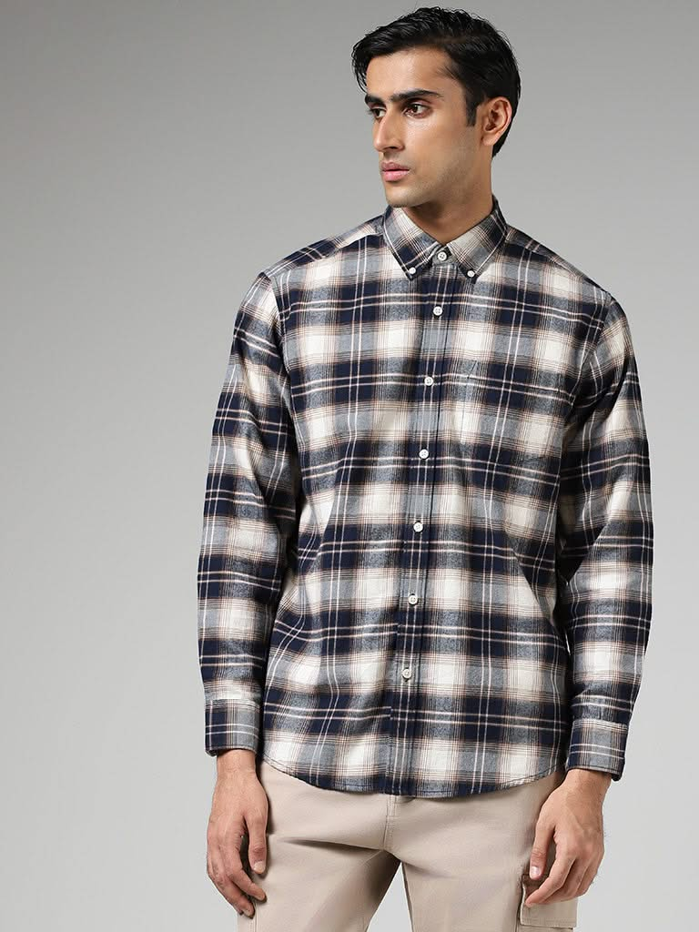 WES Casuals Navy Plaid Checked Cotton Relaxed-Fit Shirt