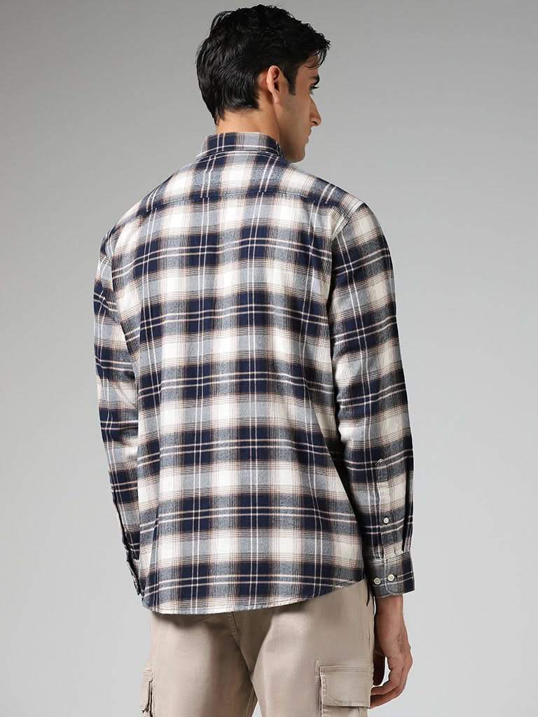 WES Casuals Navy Plaid Checked Cotton Relaxed-Fit Shirt