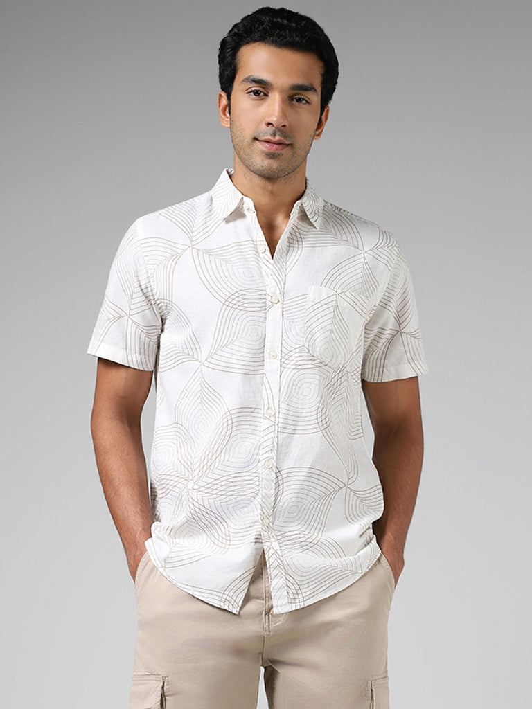 WES Casuals Off White Printed Slim-Fit Blended Linen Shirt