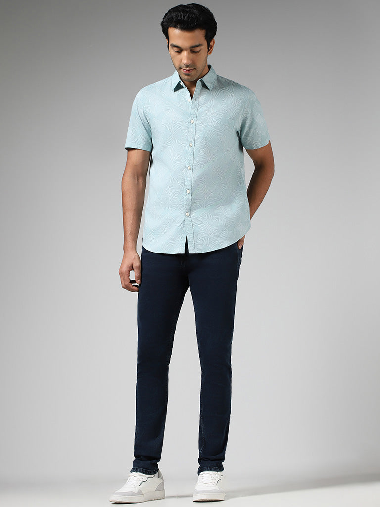 WES Casuals Sage Printed Slim-Fit Blended Linen Shirt