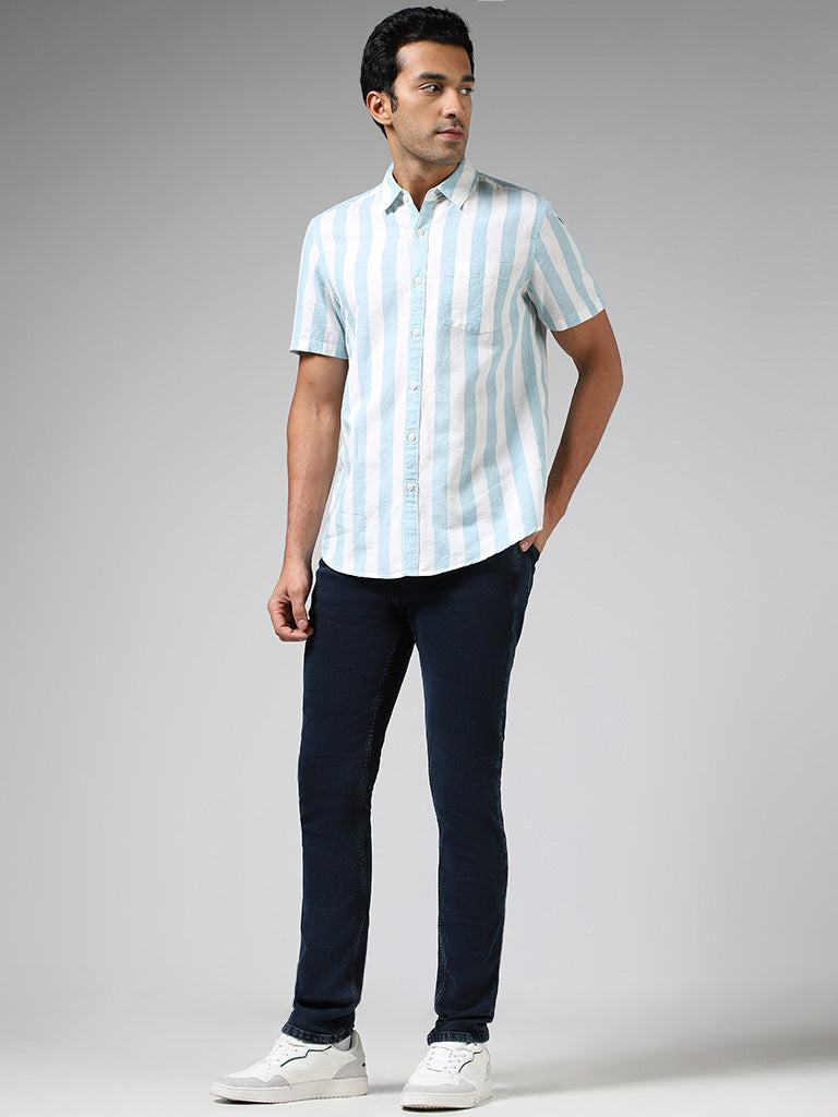 WES Casuals Aqua Striped Slim-Fit Blended Linen Shirt