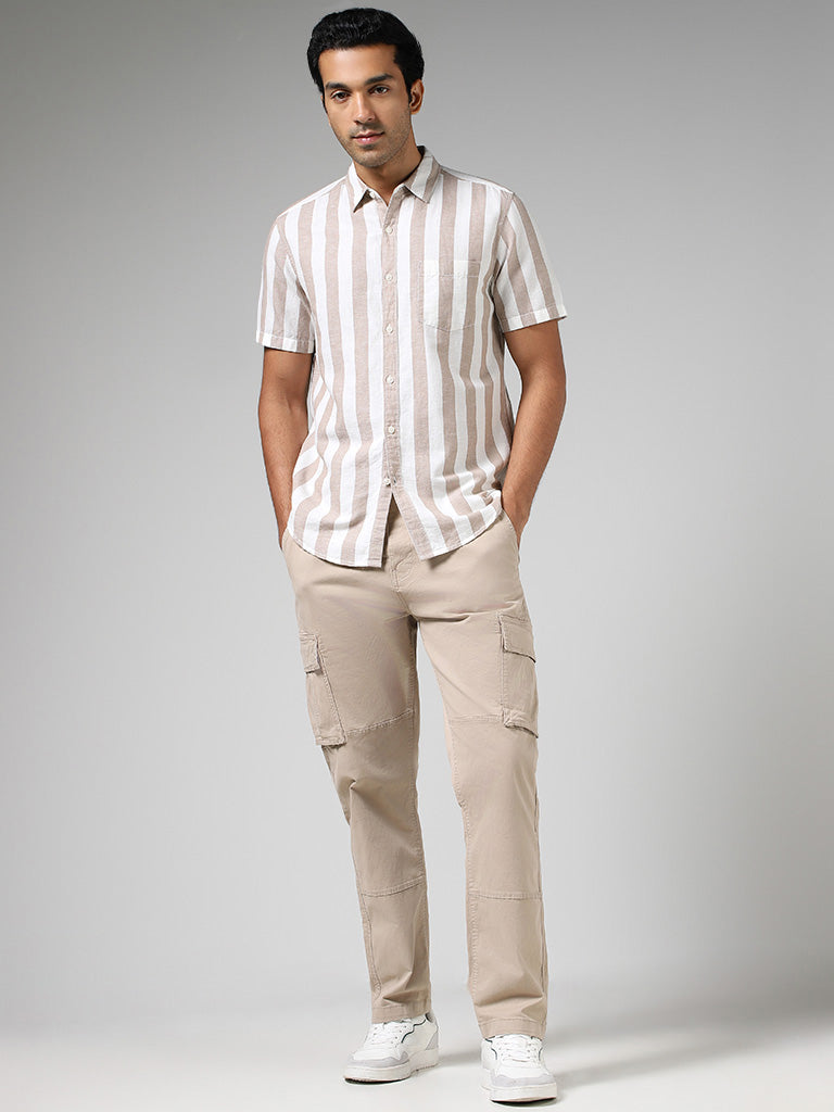 WES Casuals Beige Striped Slim-Fit Blended Linen Shirt