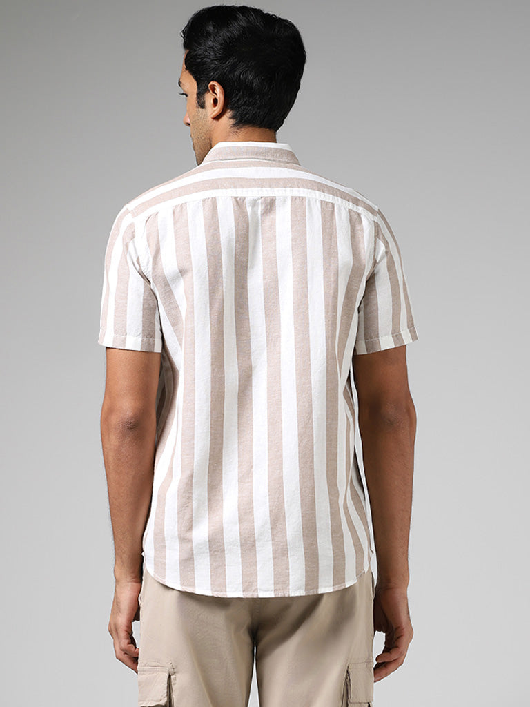 WES Casuals Beige Striped Slim-Fit Blended Linen Shirt