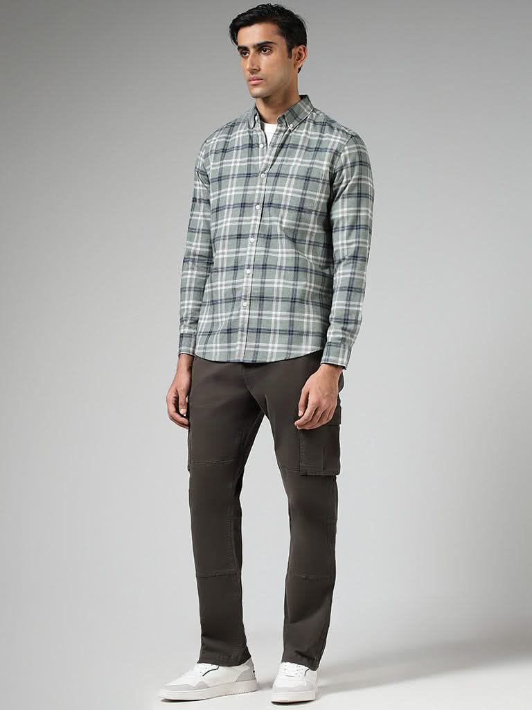 WES Casuals Sage Plaid Checked Cotton Relaxed-Fit Shirt