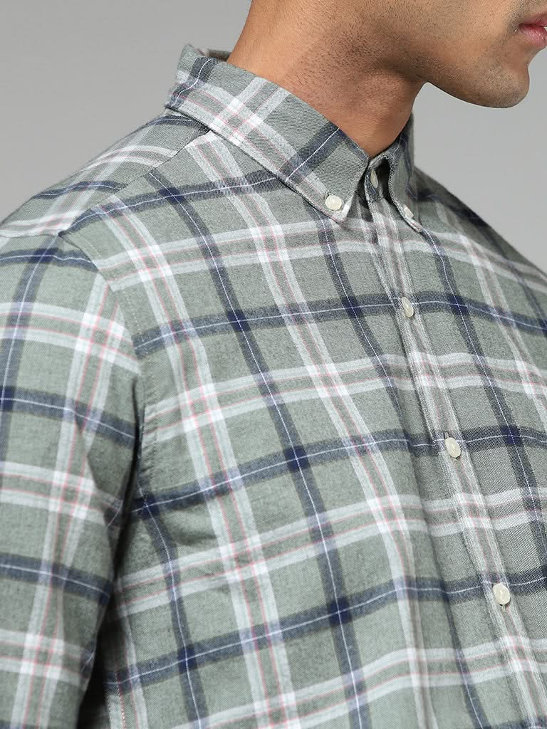 WES Casuals Sage Plaid Checked Cotton Relaxed-Fit Shirt