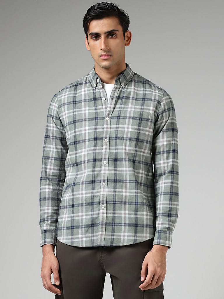 WES Casuals Sage Plaid Checked Cotton Relaxed-Fit Shirt