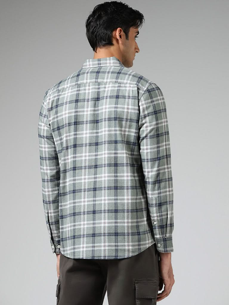 WES Casuals Sage Plaid Checked Cotton Relaxed-Fit Shirt