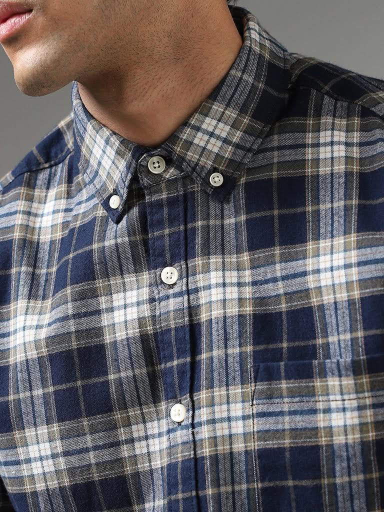 WES Casuals Navy Plaid Checked Cotton Relaxed-Fit Shirt