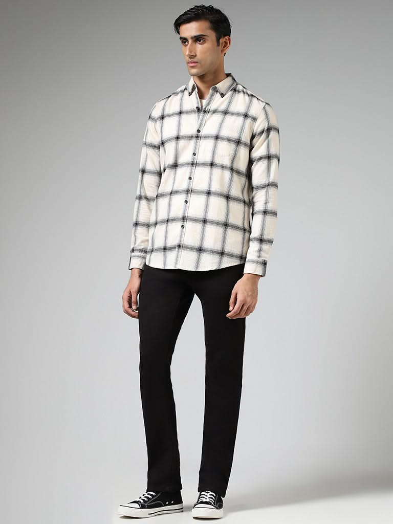 WES Casuals Off White Plaid Checked Cotton Relaxed-Fit Shirt