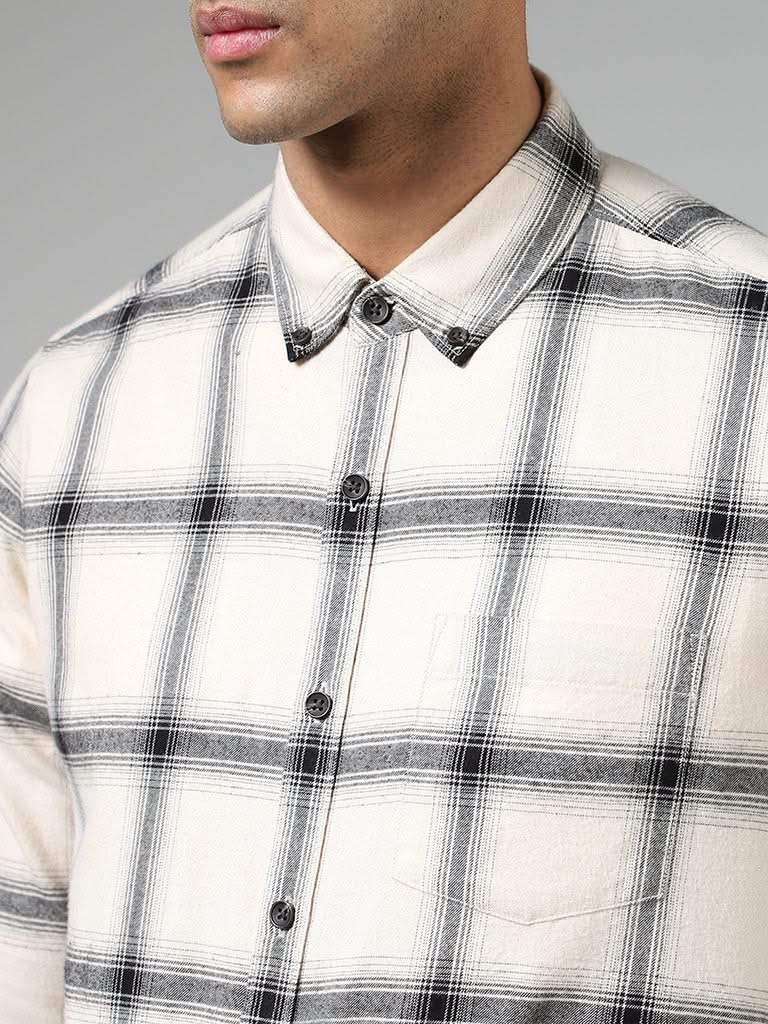 WES Casuals Off White Plaid Checked Cotton Relaxed-Fit Shirt