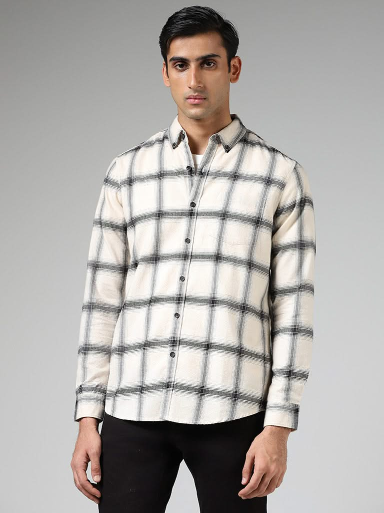 WES Casuals Off White Plaid Checked Cotton Relaxed-Fit Shirt